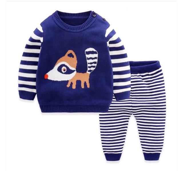 1-3T: Bộ len bé trai chú Cáo đuôi kẻ
