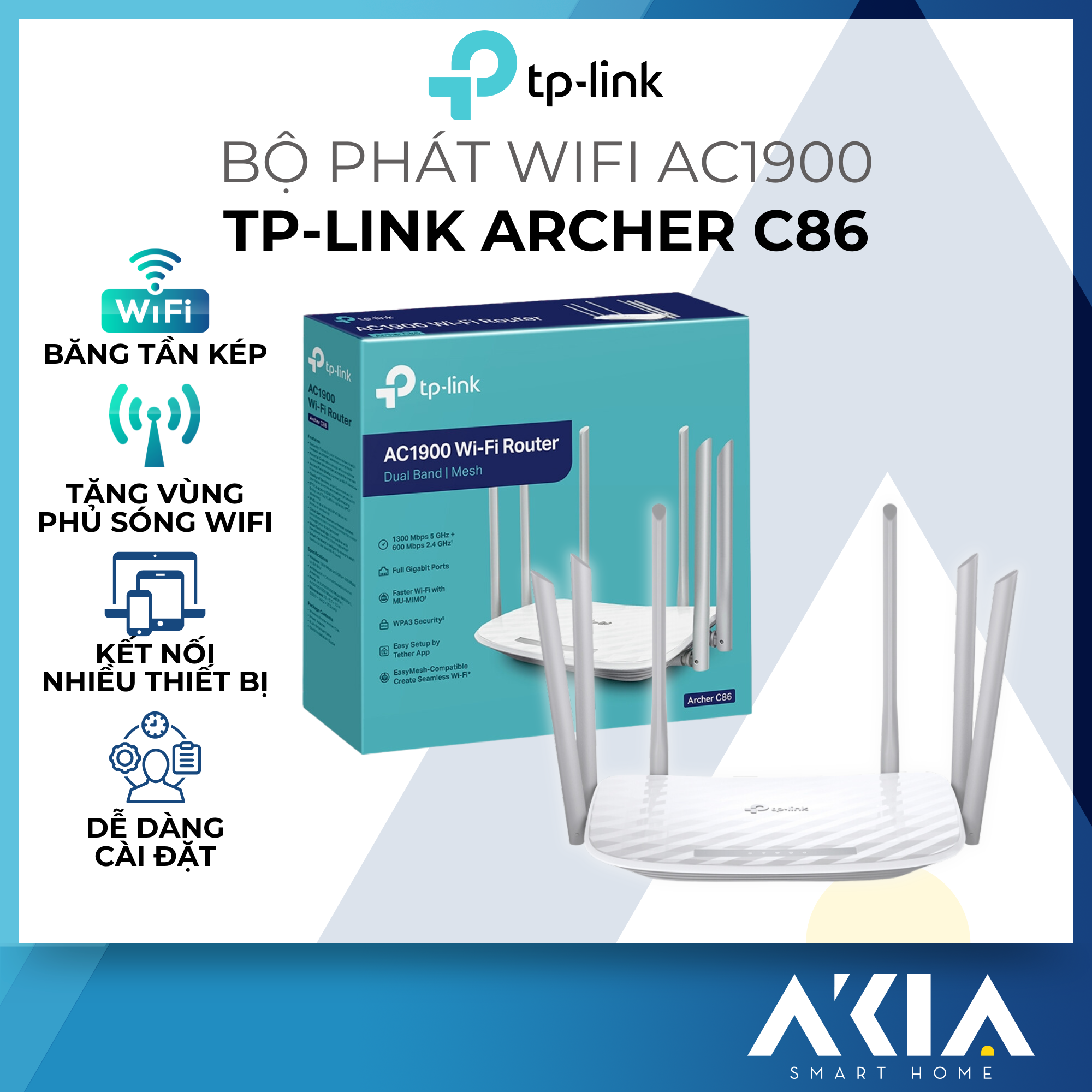 Bộ phát Wifi TP-Link Archer C86 MU-MIMO - Chuẩn AC 1900Mpbs, Kết nối nhiều thiết bị, Phủ sóng rộng - HÀNG CHÍNH HÃNG