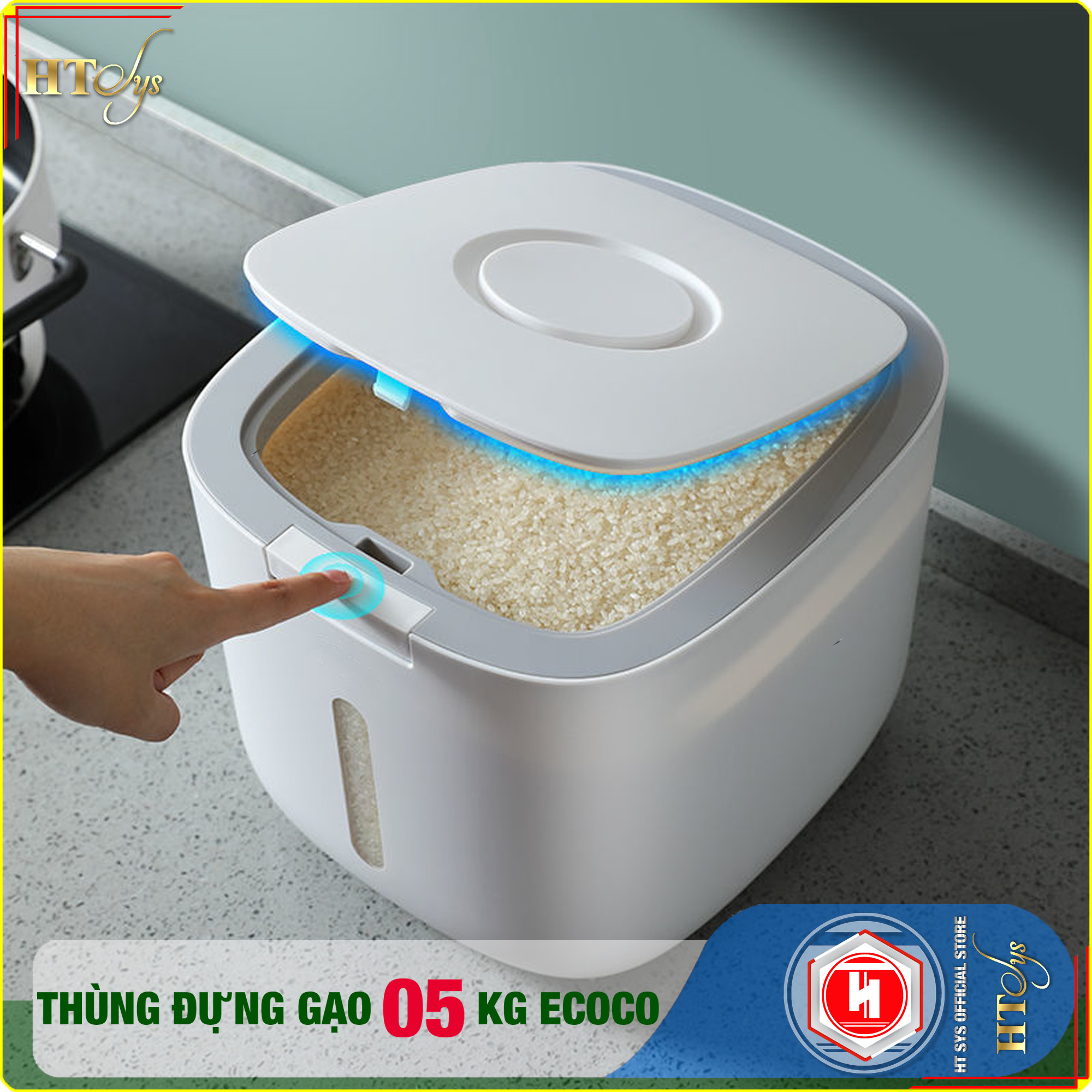 Thùng đựng gạo thông minh 5KG-HT SYS - ECOCO-E2029-Thiết kế dạng nhấn nút-Chống kiến, chống ẩm, chống mọt-Chất liệu ABS cao cấp + 01 Sét móc vàng tài lộc + 04 Khăn Lau [ Hàng Nhập Khẩu ]