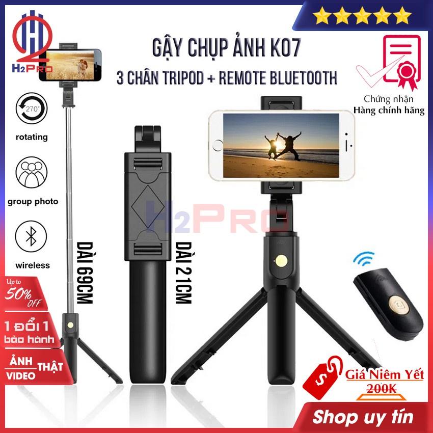 Gậy chụp ảnh 3 chân cho điện thoại H2Pro K07 cao cấp- kéo dài 69cm- tích hợp tripod 3 chân và chụp từ xa bluetooth