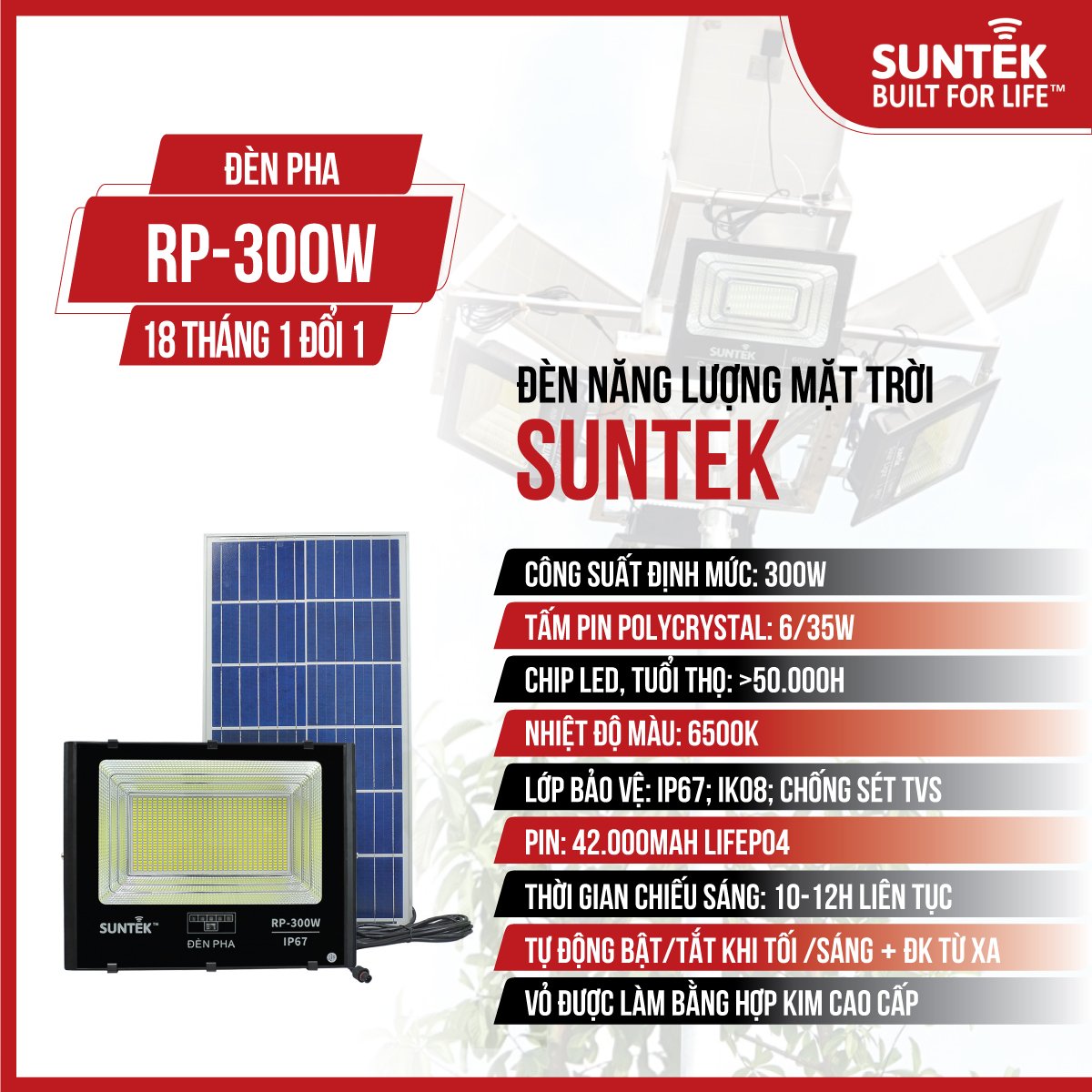 Đèn Pha Năng Lượng Mặt Trời SUNTEK RP-300W - Sáng suốt đêm | Tự động Bật/Tắt | Điều khiển Từ Xa | Chống Nước/Bụi/Sét | Tuổi thọ bóng LED 50.000 giờ - Hàng Chính Hãng - Bảo hành 18 tháng 1 đổi 1