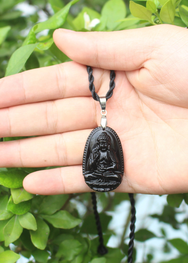 Dây chuyền mặt Phật A Di Đà, Cho Tuổi Tuất,  Đá Núi lửa Obsidian-    Cao Cấp, Nhỏ,  BAN5