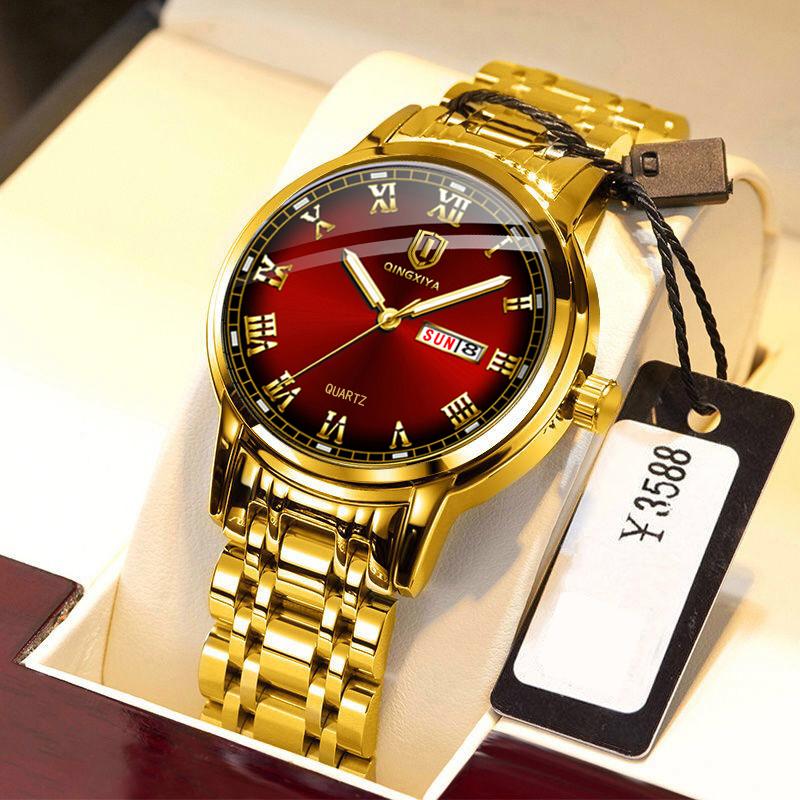 QINGXIYA Cao Cấp Hàng Đầu Vàng Đỏ Đồng Hồ Thạch Anh Dây Đồng Hồ Nam Thép Không Gỉ Dạ Quang Đồng Hồ Chống Nước Tuần Lịch Đồng Hồ Doanh Nhân Nam