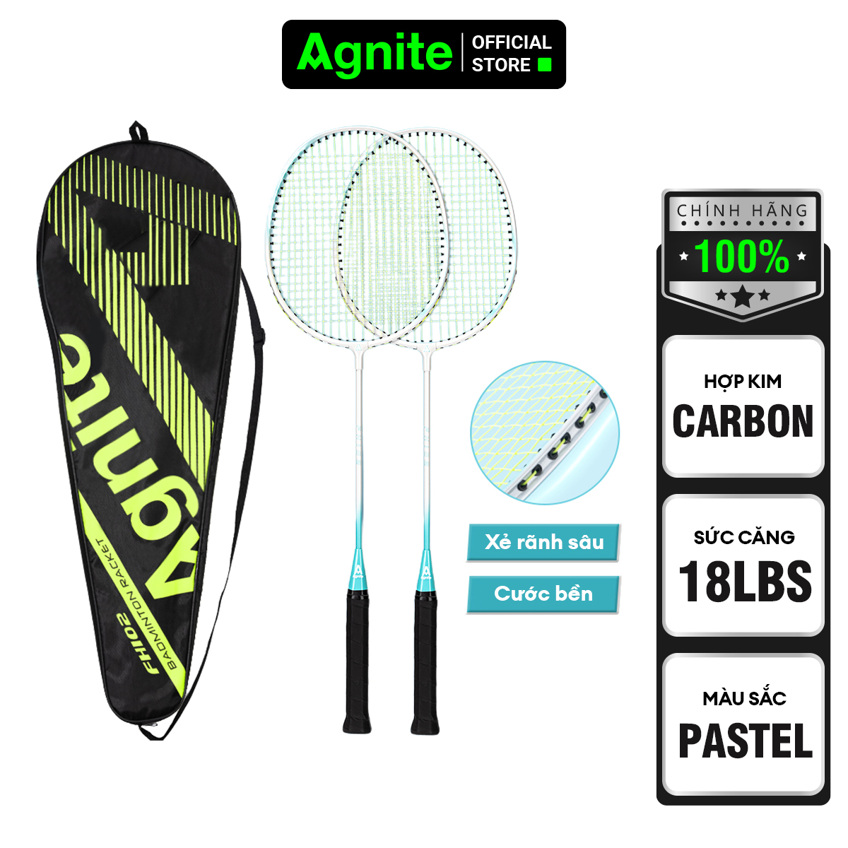 Hình ảnh Bộ 2 vợt cầu lông Agnite chính hãng, hợp kim cacbon siêu bền, khớp chữ T, thiết kế khung rãnh sâu, màu pastel - FH102