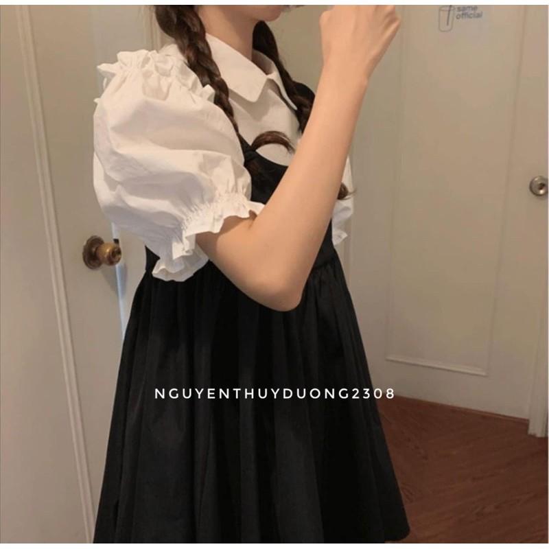Set yếm+áo sơmi cổ sen tay bèo Ulzzang