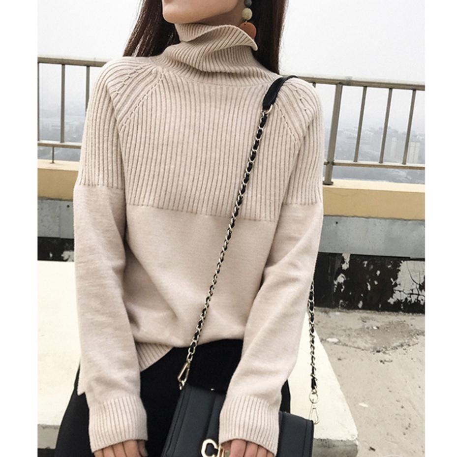 MS336 Áo len cao cổ ngực kẻ sọc