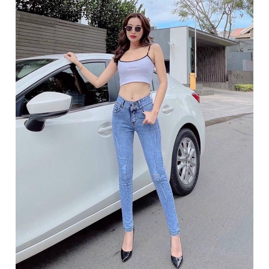Quần Jeans Nữ Rách Màu Xanh Nhạt Lưng Cao Co Giãn