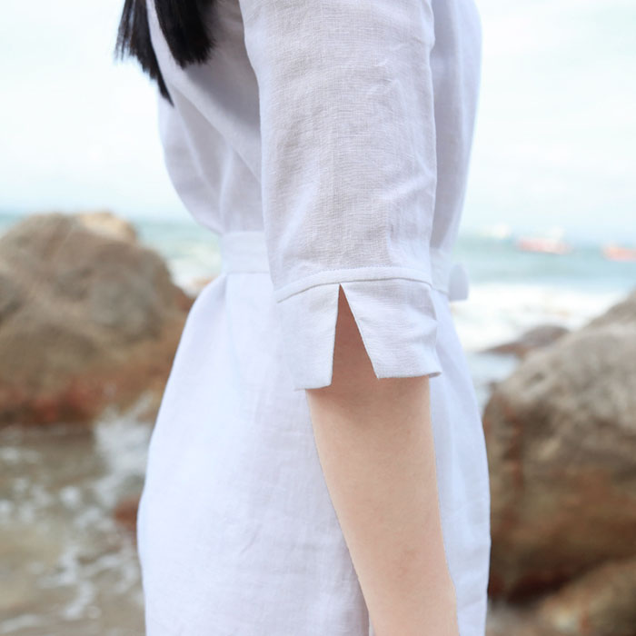 Đầm suông tay lỡ linen trẻ trung kèm đai dời - Trắng