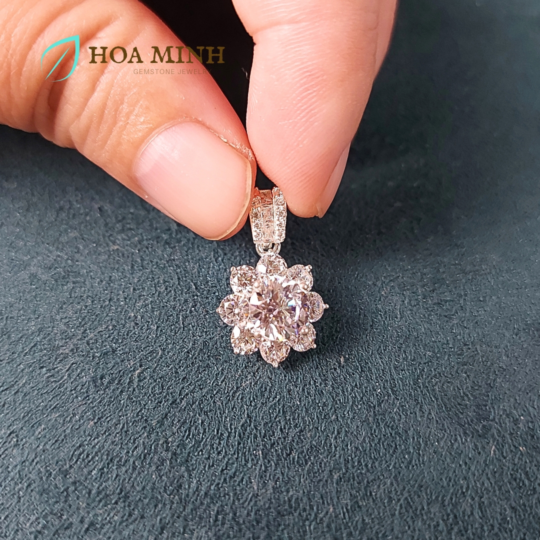Mặt dây chuyền bạc đính đá hình hoa mai 8 cánh xinh xắn, bạc nguyên chất