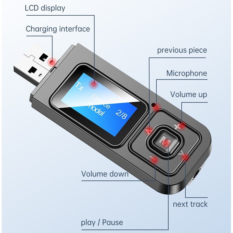 Bộ Thu Phát Bluetooth 5.0 Không Dây  Đa Năng Kèm Màn Hình LCD – Hàng Nhập Khẩu Usb Bluetooth 5.0 có màn hình hiển thị thu phát âm thanh HIFI Stereo cho tivi loa, âm ly laptop, PC