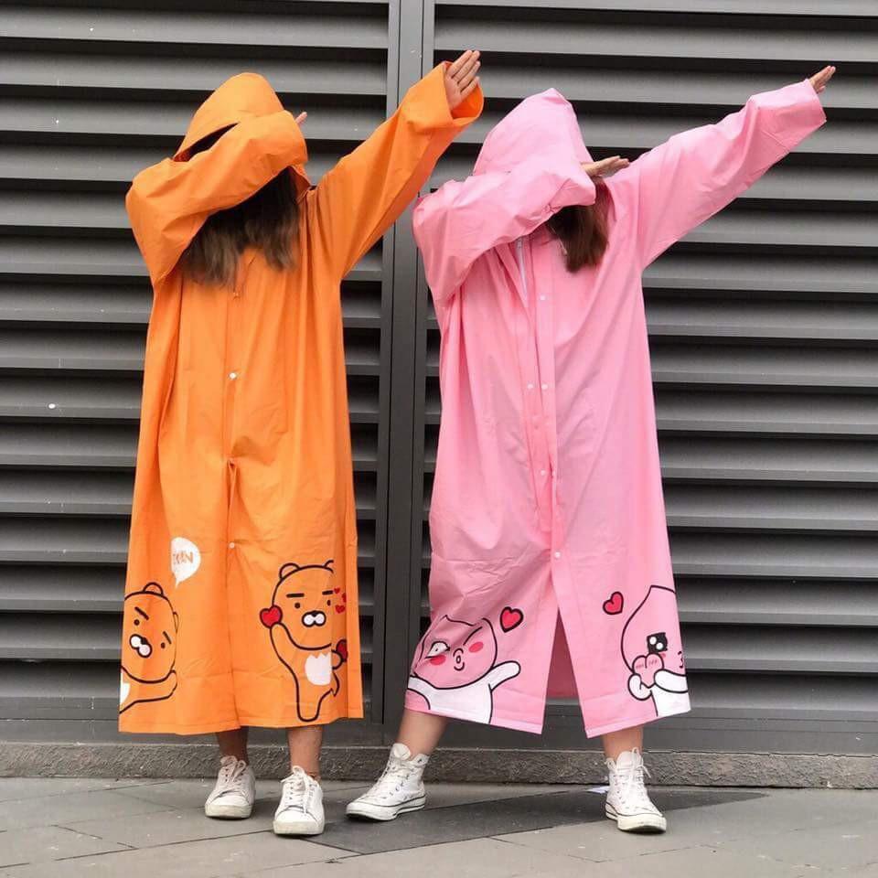 ÁO MƯA MĂNG TÔ HÀN QUỐC DÁNG DÀI SIÊU CUTE NGỘ NGHĨNH và bé đào