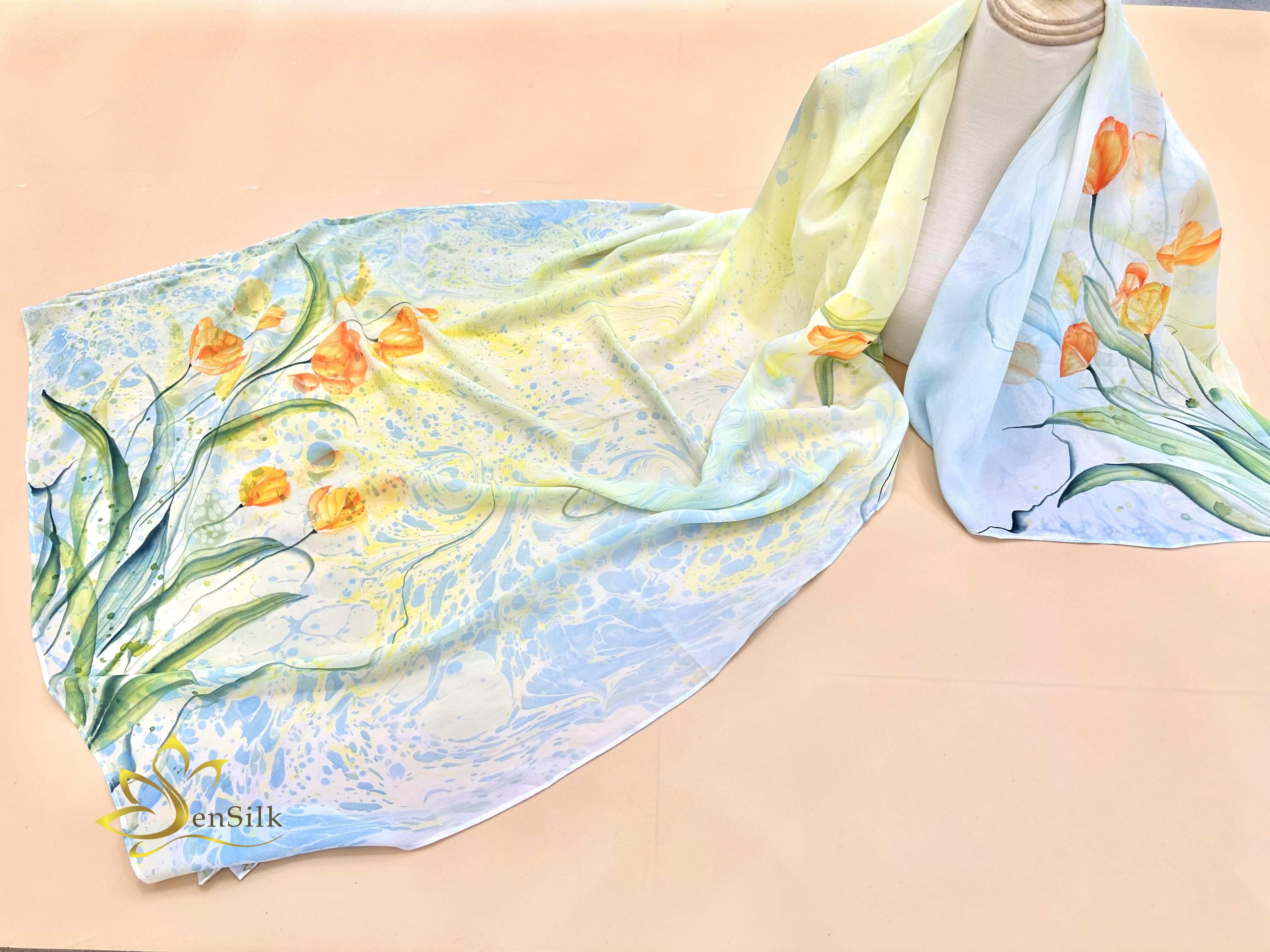 100% Mulberry Silk Scarf Water Marble Hand Painted - Khăn Lụa Cao Cấp Sen Silk Thuỷ Ấn Tulip - Quà Tặng Đẳng Cấp - Vietnam Handmade Gift