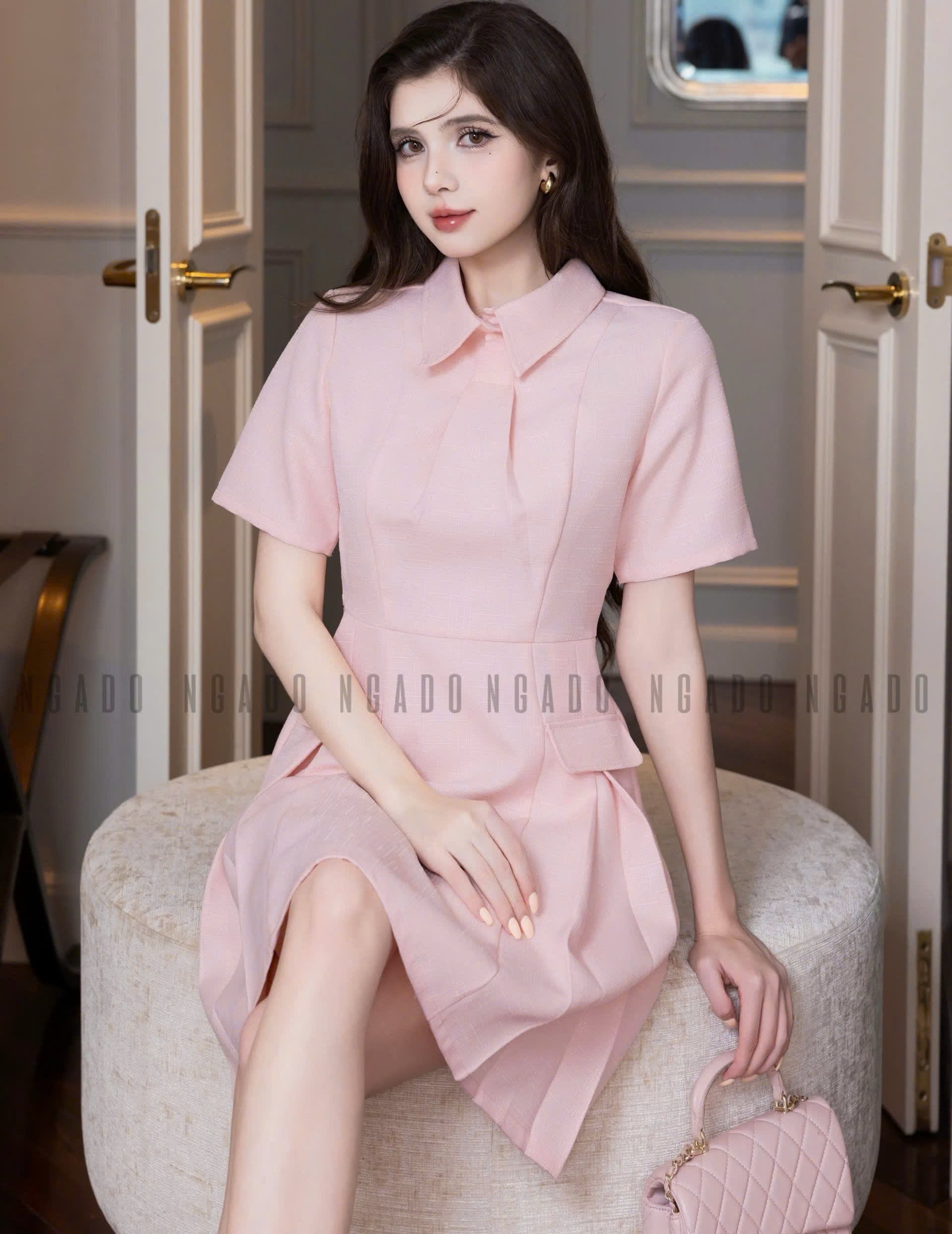 Đầm sơ mi hồng ngắn tay NGADO , đầm sơ mi , đầm nữ , đầm công sở, dự tiệc