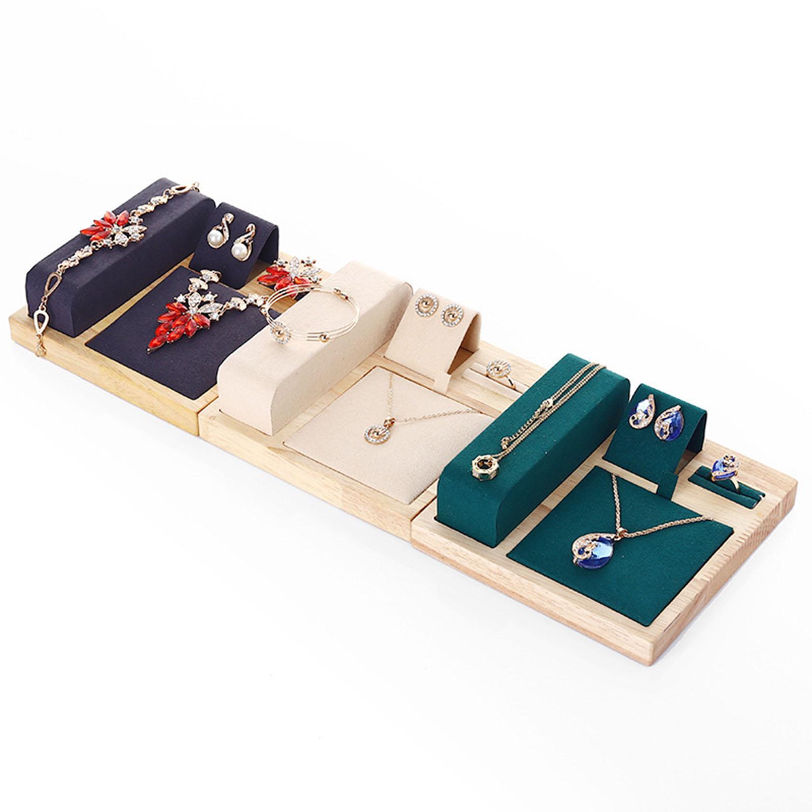 Wooden Velvet Jewelry Set Display Stand Necklace Earrings Holder Beige