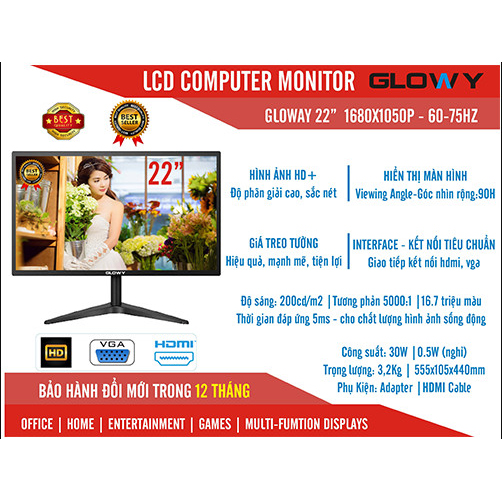 Màn hình LCD 22&quot; GLOWY GL22 75Hz (VGA-HDMI) - Hàng Chính Hãng