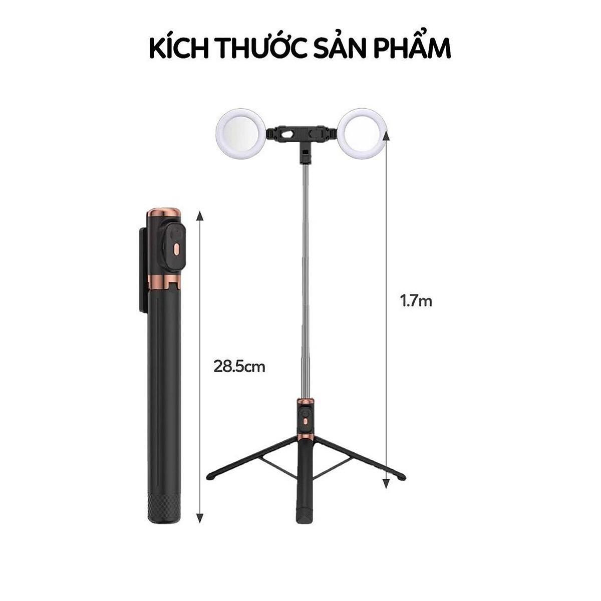 Gậy chụp ảnh selfie 3 chân kéo dài 170cm, có 2 bóng đèn LED trợ sáng và Bluetooth điều khiển từ xa lên đến 10 mét, TRẮNG - NGẨU NHIÊN