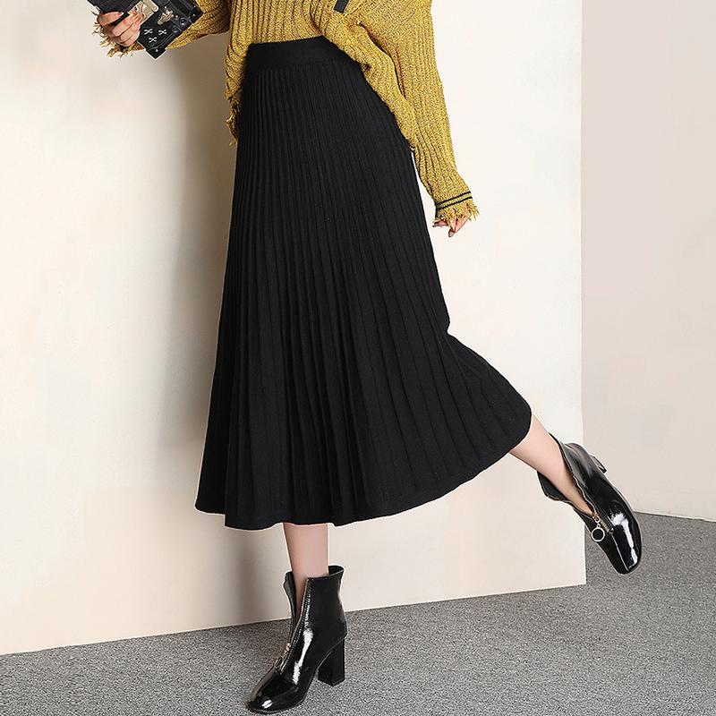Women Knitted Skirt Solid Color High Waist Ribbed Pleated A-Line Spring Autumn Elegant Vintage Street Wear
