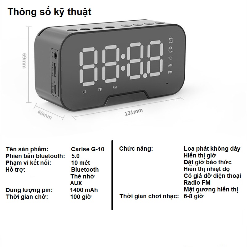 Loa Bluetooth di động có mặt gương tích hợp đồng hồ báo thức