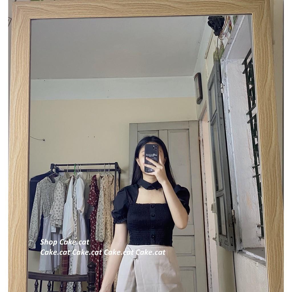 Áo croptop chun ôm người khoét ngực cổ sơ mi 2 màu trắng/ đen