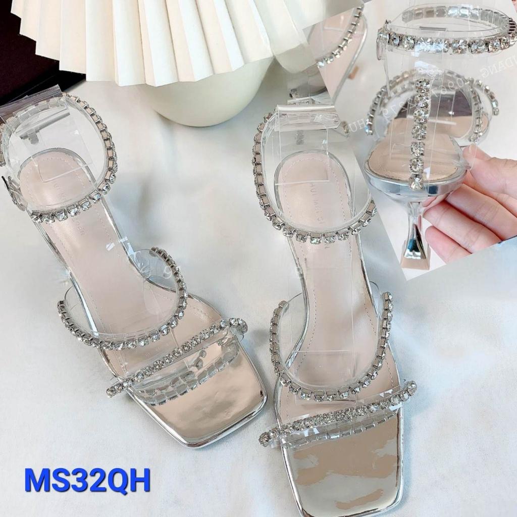 Giày Sandal Nữ 7 Phân Gót Nhọn Màu Bạc Quai Đính Đá Siêu Sang - MS 032QH