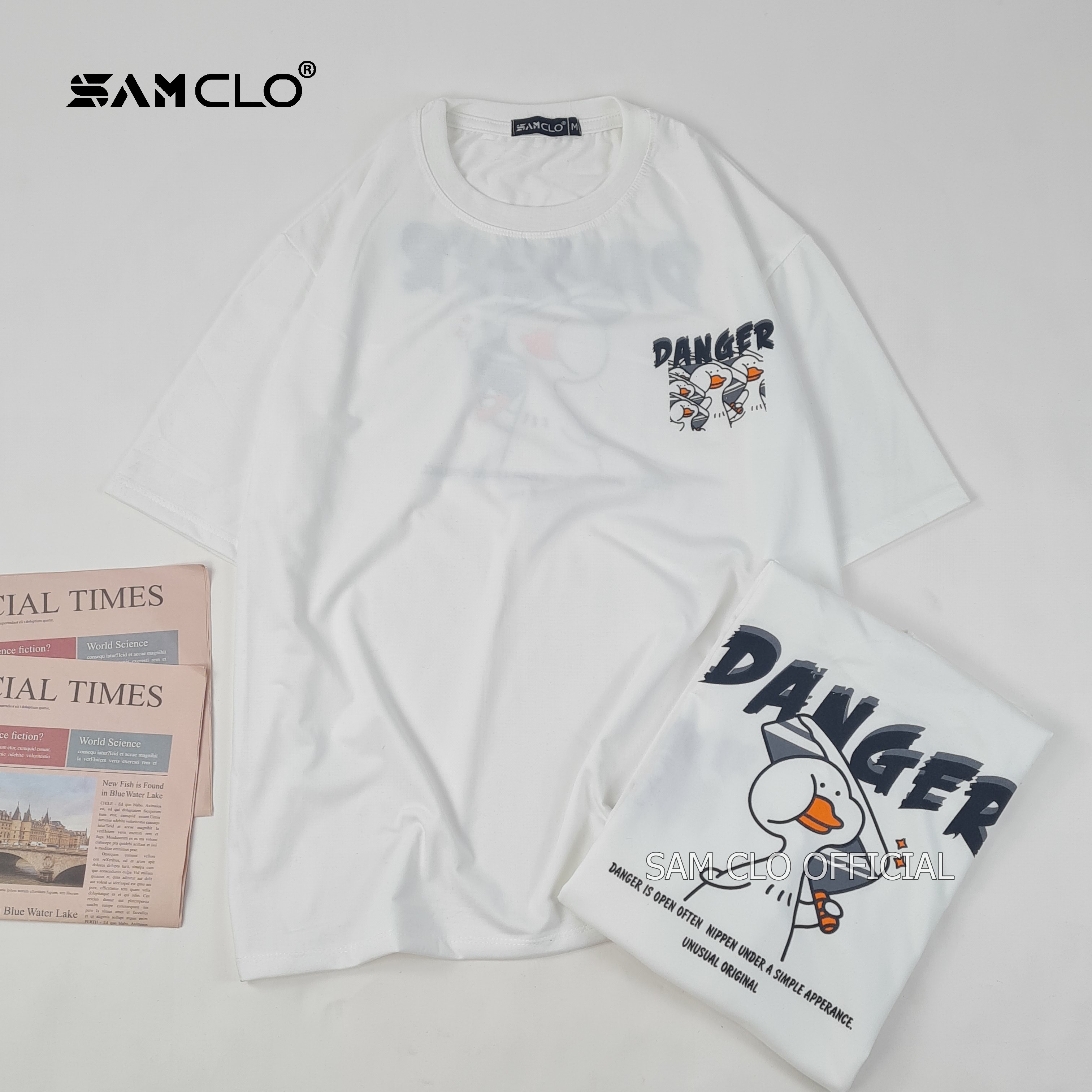 Áo thun tay lỡ nữ freesize phông form rộng dáng Unisex, mặc lớp, nhóm, cặp in HÌNH VỊT DANGER màu trắng