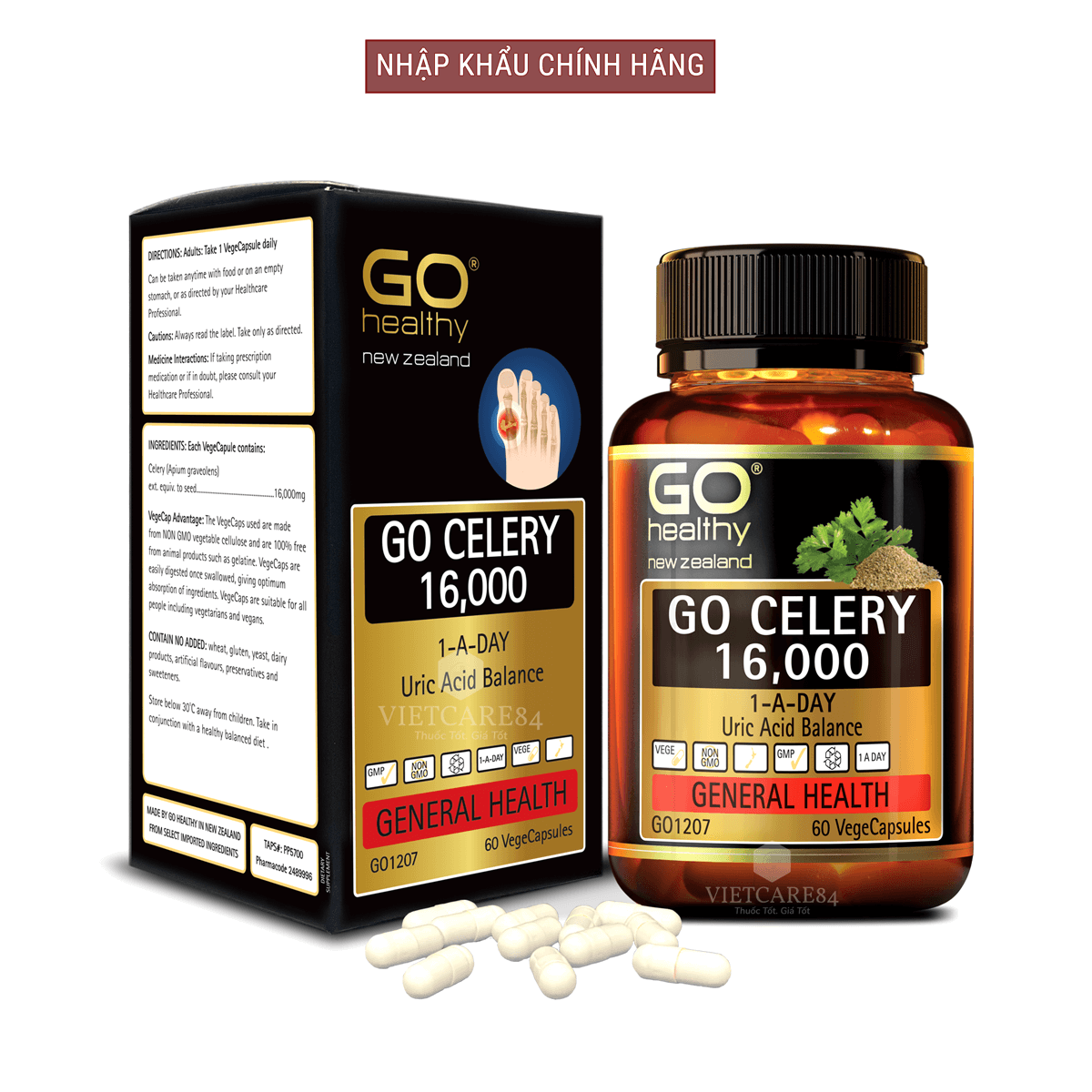 Bộ sản phẩm 2 hộp viên gout nhập khẩu chính hãng GO CELERY 16000mg (60 viên)  giúp giảm các triệu chứng bệnh gút: giảm uric acid, làm giảm triệu chứng sưng đau do gut