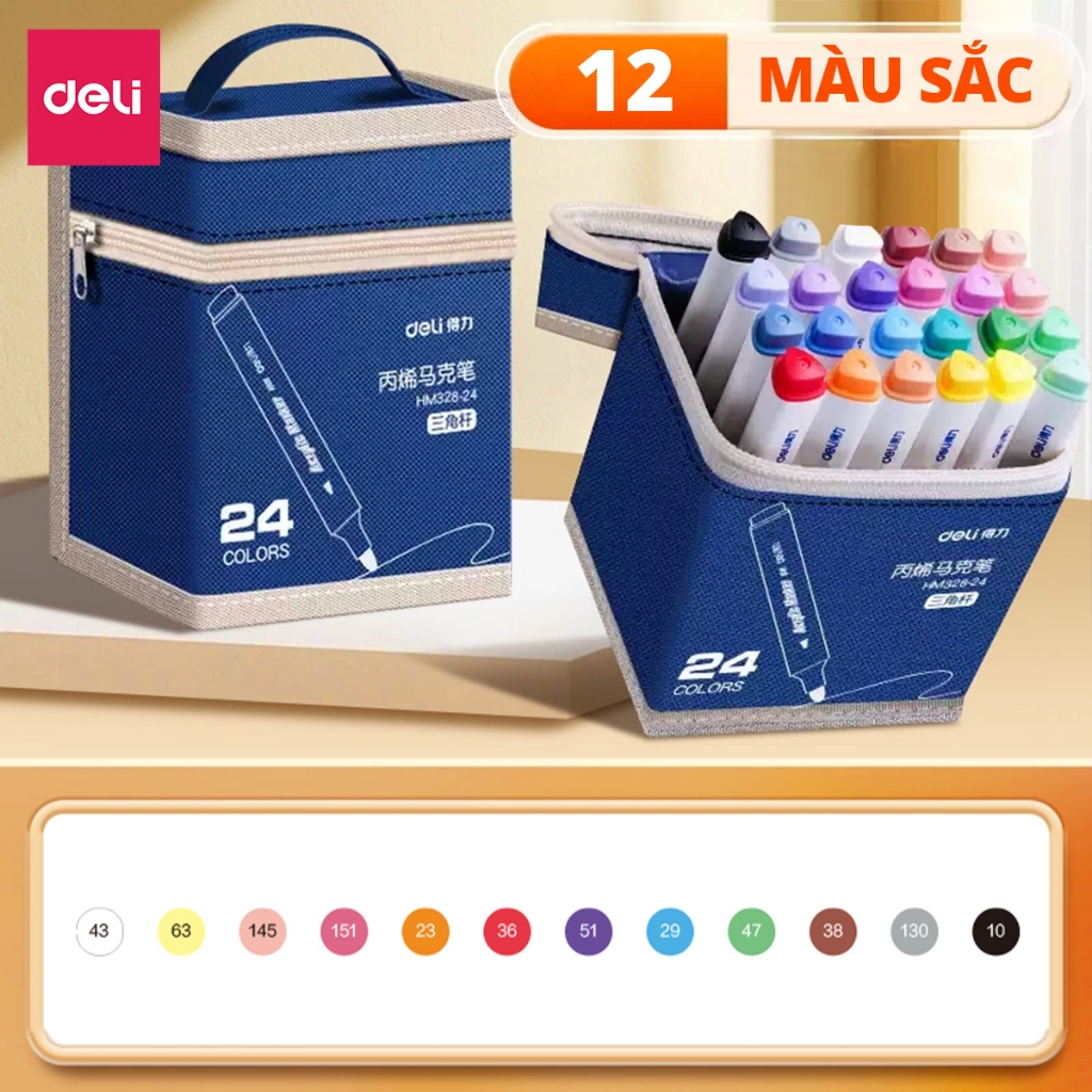 Bút Màu Acrylic Marker Túi Vải Cao Cấp Deli - Bút Sơn Màu Acrylic Tô Vẽ Trên Mọi Chất Liệu Không Thấm Nước - Đi Nét DIY