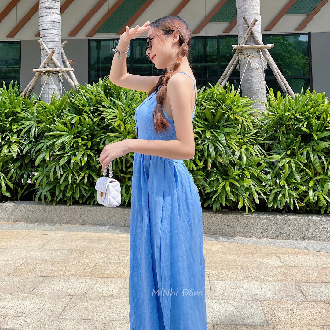 Đầm 2 dây màu xanh dương dáng xòe, Đầm maxi 2 dây dài đi biển Cao Cấp đính nút ngực, nữ tính quyến rũ MiNhi