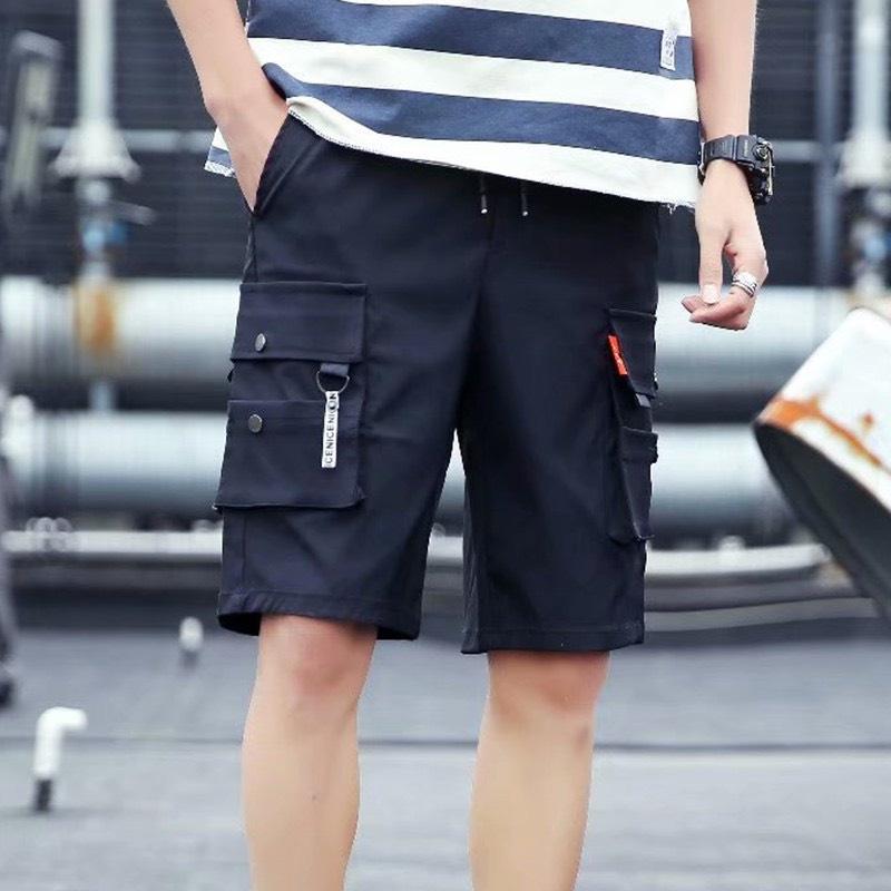 Quần Short Kaki Túi Hộp khóa dây nai nam - Sọt Lững Kiểu Dáng Thể Thao Unisex một Màu Đen 03x.
