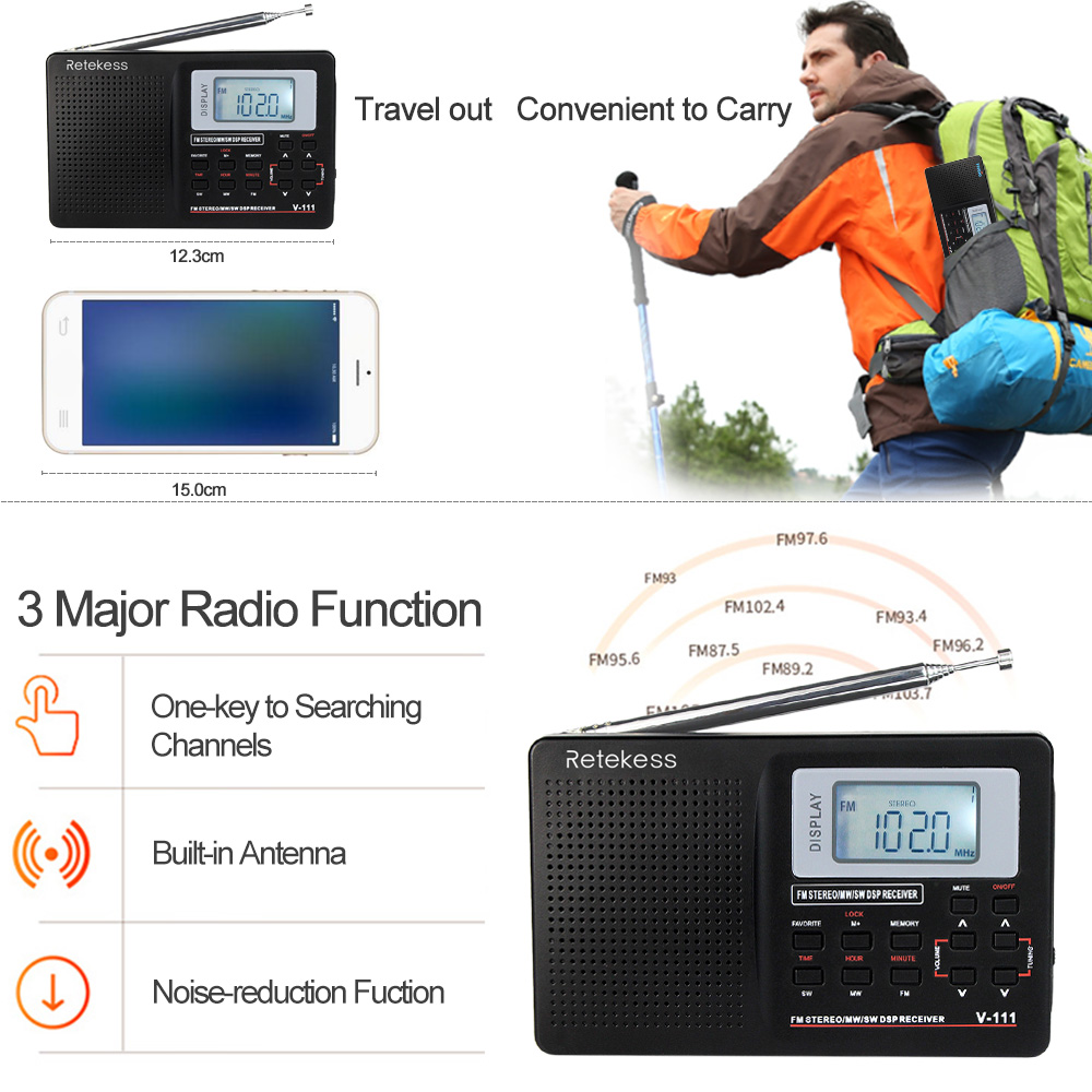 Radio kĩ thuật số Retekess MW / FM / SW Radio âm thanh nổi 9KHz Pocket World Band Điều chỉnh kỹ thuật số Radio Mini DSP