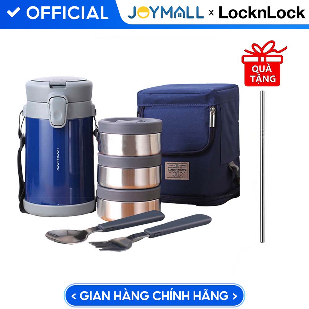 Bộ Hộp Cơm Giữ Nhiệt Lock&Amp;Lock Easy Carry 2L Lhc8039 Có Túi 1 Hộp 720Ml, 2 Hộp 420Ml Kèm 1 Bộ Muỗng Và Nĩa Tặng Kèm Ống Hút Inox 304 - Xanh Denim