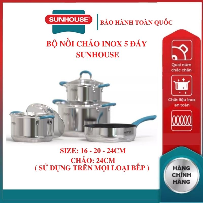 Bộ nồi chảo inox 5 đáy bếp từ SUNHOUSE MAMA SHG506-2022 chất liệu inox 304 cao cấp sáng bóng an toàn sức khỏe