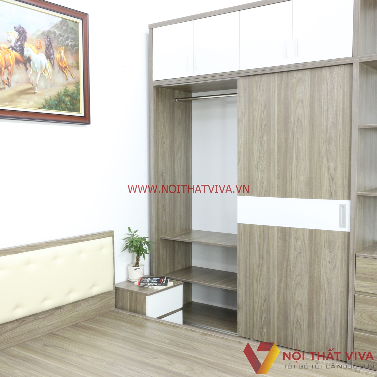 Bộ Combo Phòng Ngủ Tủ Kịch Trần Gỗ MDF Màu Xám Phối Trắng Cao Cấp Đẹp