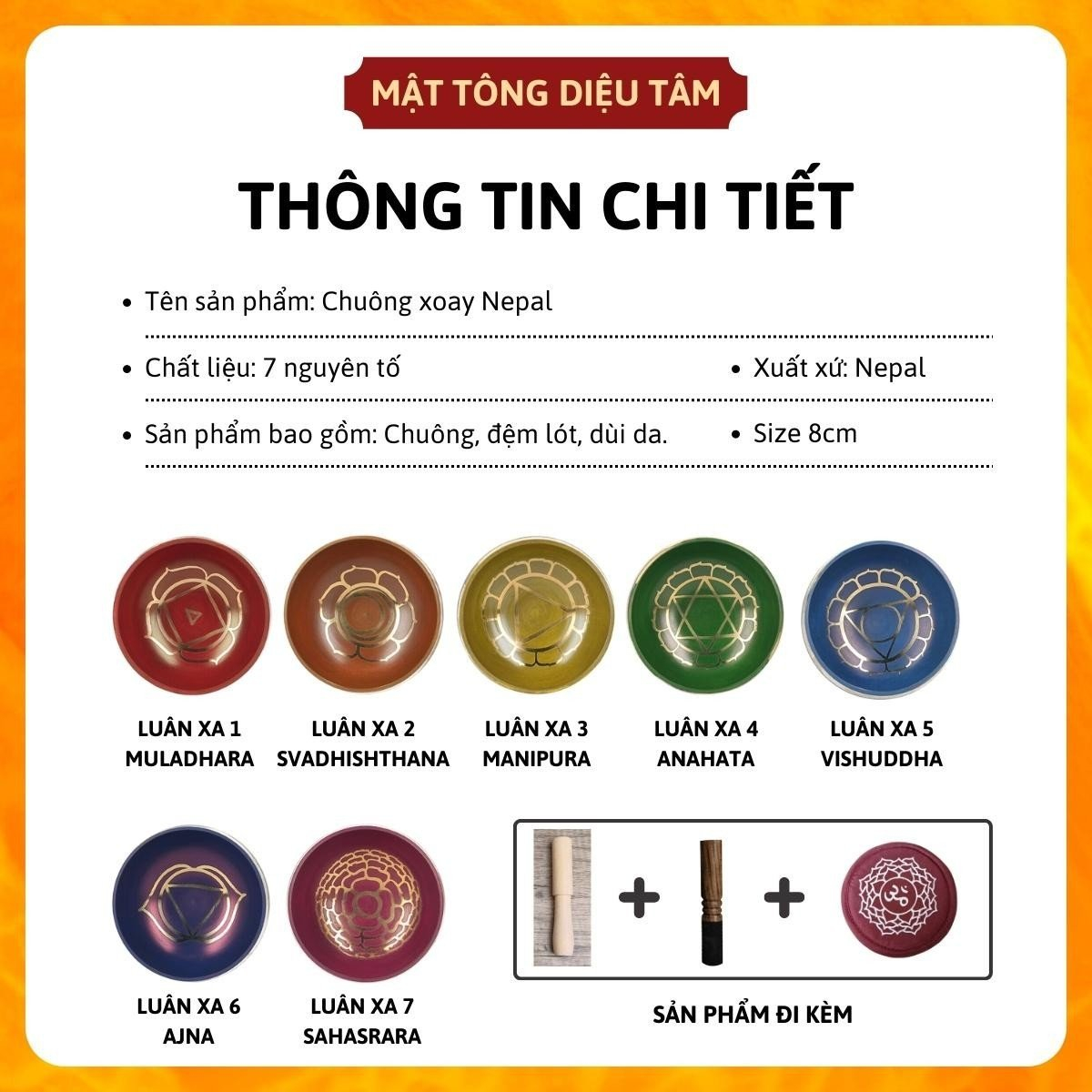 Bộ chuông xoay 7 màu 7 luân xa chuông bát xoay Tây Tạng Nepal chiếc bát biết hát đồ thờ cúng phong thủy - shop Diệu Tâm