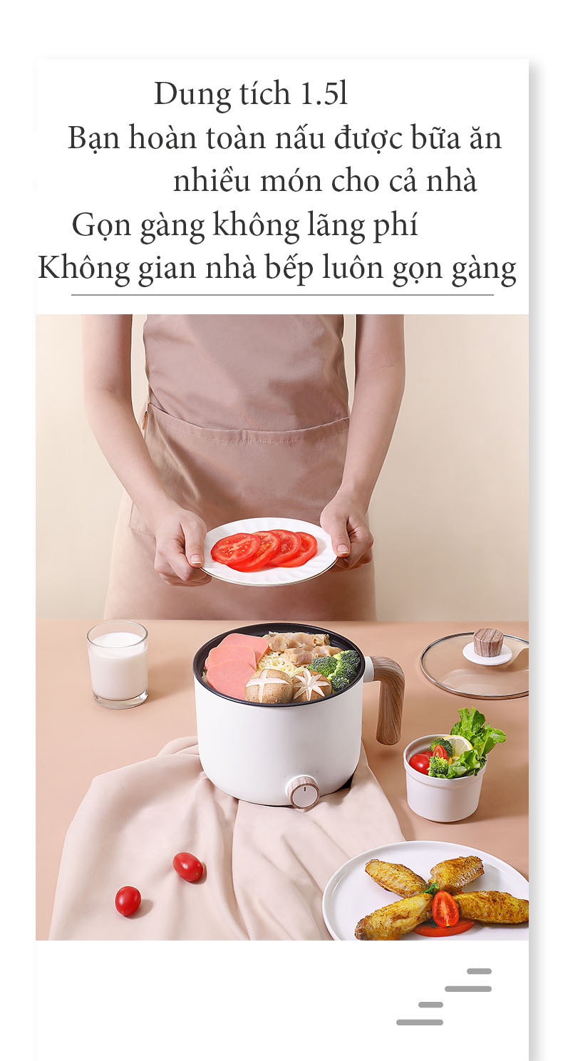 Nồi điện đa năng mini cán gỗ  nấu lẩu, chiên sào AJL-A1503  ( tặng kèm bộ bát , thìa muôi )