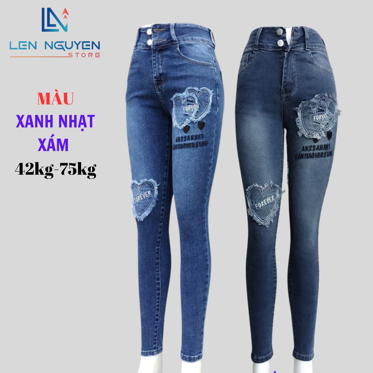 D38_ Quần Jean Nữ Dài 3 Nút Thiết Kế Thiết Kế Thiêu Đắp Dễ Thương,Lưng Cao,Thiết Kế Thêu Tim Quần Jean Nữ Dài Có Bigsize Từ 42kg đến 80kg Pants Xám Women Trắng