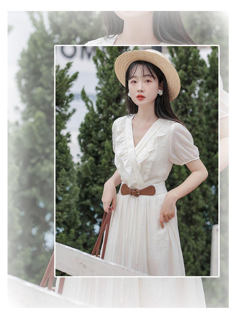 TOBE1SHOP Mùa hè ngắn tay áo v cổ đầm phụ nữ mùa hè ăn mặc 2023 Pháp hiển thị gầy eo đầm dài