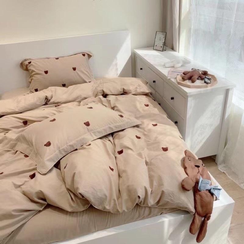 Bộ Chăn Ga Gối Cotton Hữu Cơ Hàng Nhập Khẩu Cao Cấp 4 Món Gấu Teddy Nơ