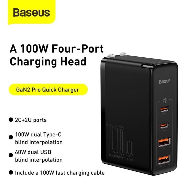 Bộ adapter cóc củ sạc nhanh 100W đa năng 2 cổng sạc USB và 2 PD Type-C hiệu Baseus GaN2 Pro chuẩn sạc nhanh PD 3.0 &amp; QC 4.0 tặng 01 dây Type-C sạc nhanh 5A (công nghệ GAN + Silic, chip BPS 2.0, công nghệ tản nhiệt BCT) K690 KGG  - hàng nhập khẩu