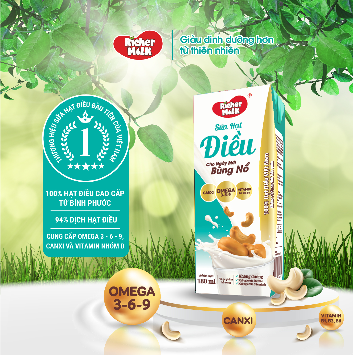 Lốc Sữa Hạt Điều Không Đường Richer Milk 180ml (180ml x 4)