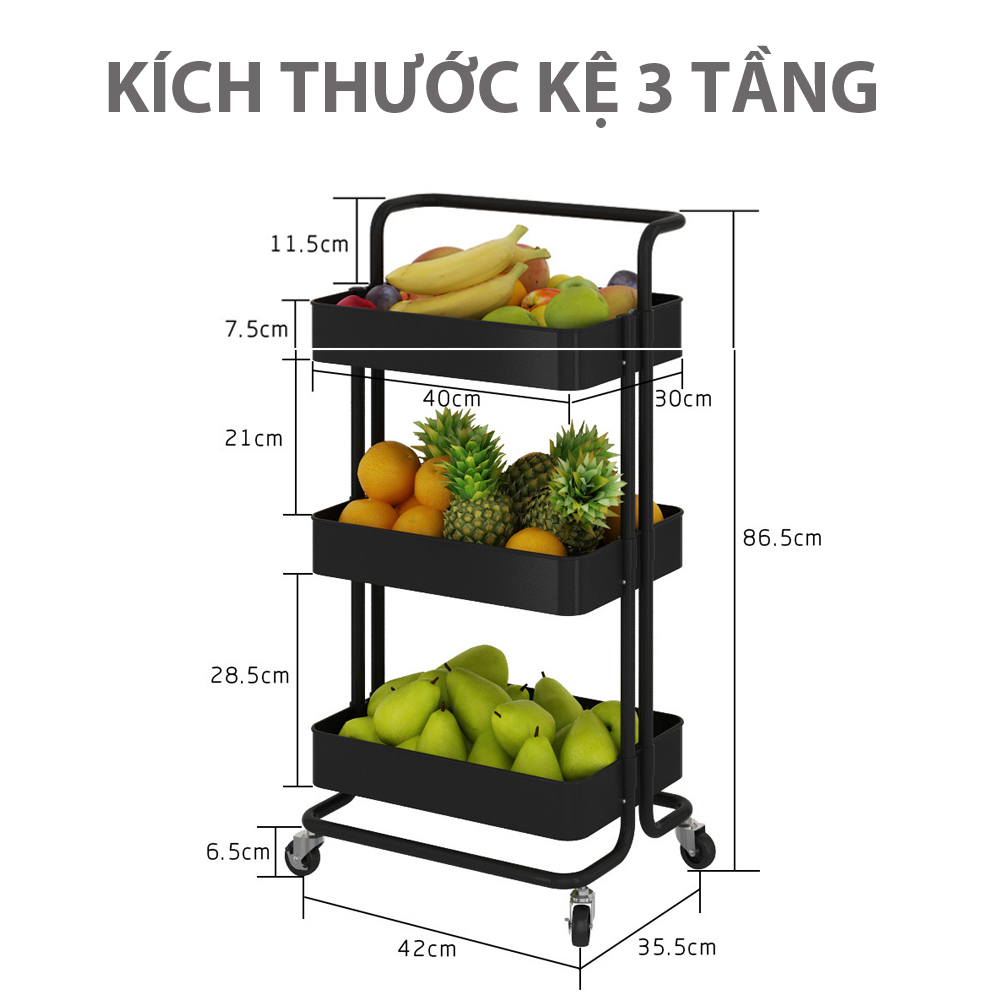 Kệ đựng để đồ đa năng có bánh xe 3 tầng (giao màu ngẫu nhiên)