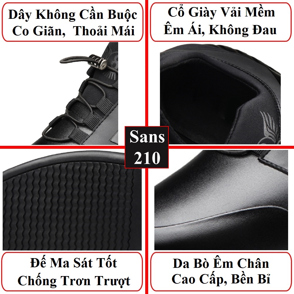 Giày tăng chiều cao nam unisex 8cm Sans210 sneaker da bò thật full đen thể thao có big size to lớn 44 45 46 47 48 độn đế