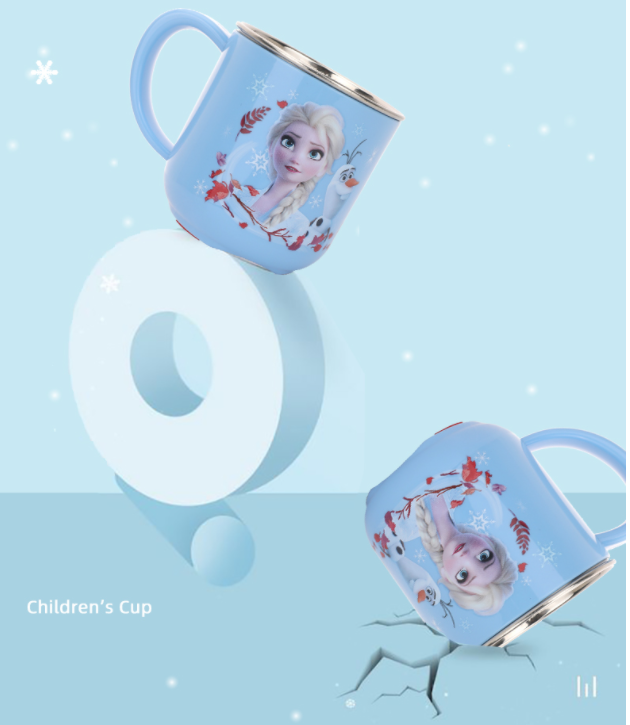 Ly cốc giữ nhiệt Disney in hình Elsa Anna Frozen P.2 màu xanh có nắp và quai cầm cho bé - 260ml