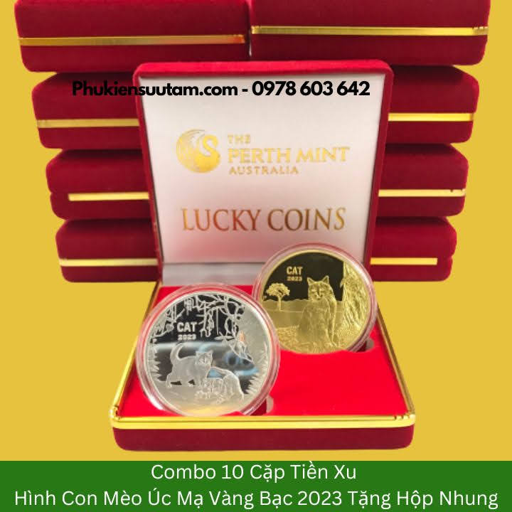 Combo 10 Cặp Xu Úc Hình Con Mèo Mạ Vàng Bạc Tặng Hộp Nhung, đường kính: 4cm, màu đỏ - SP005904