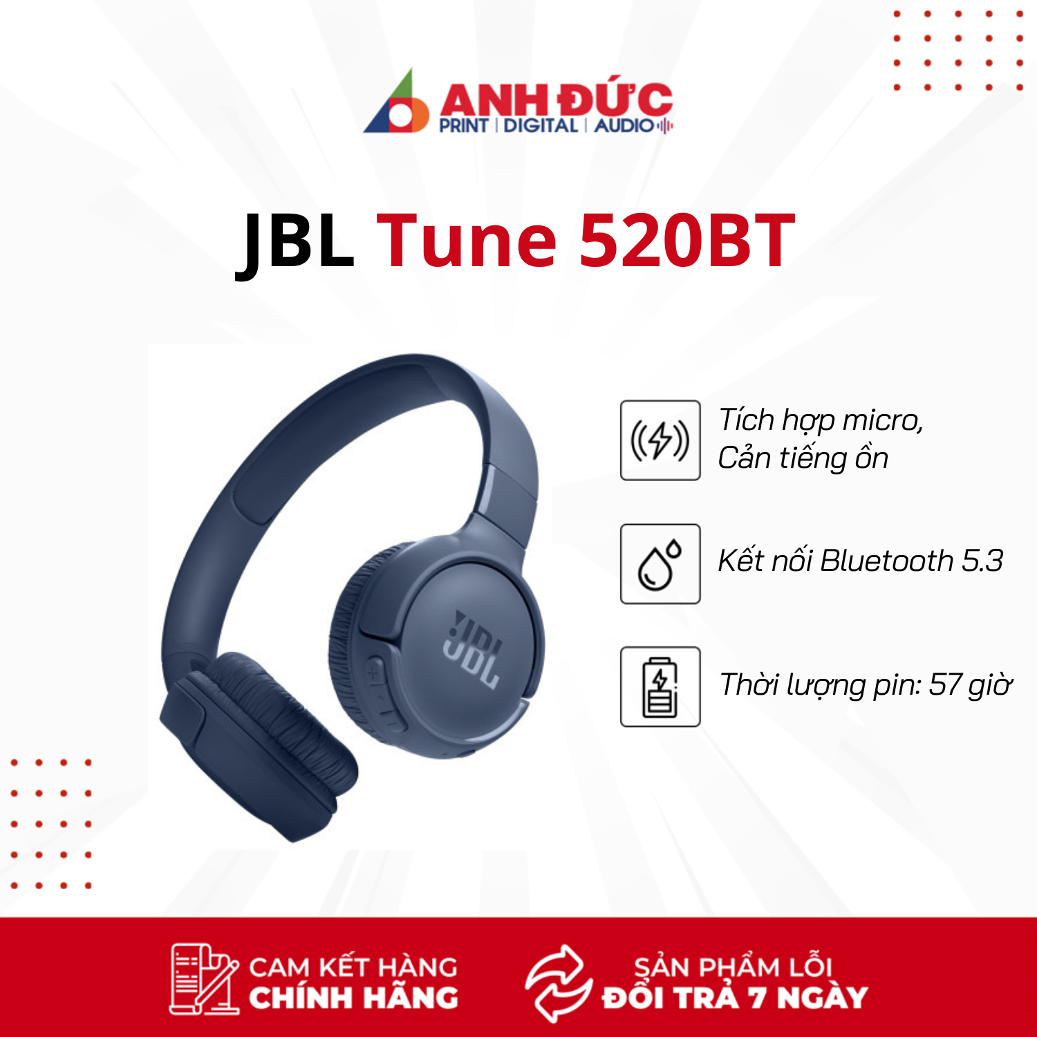 Tai Nghe Chụp Tai Bluetooth JBL Tune 520BT (Pin Mạnh Mẽ Đến 57 Giờ) - Hàng Chính Hãng