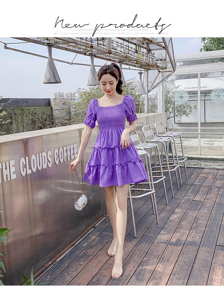 DIYIWEI Phụ nữ mùa hè 2023 Square Neck Pleated Bubble Sleeve Thu hẹp eo Khoai tây tím Vintage Pháp Orange Terrier Dress