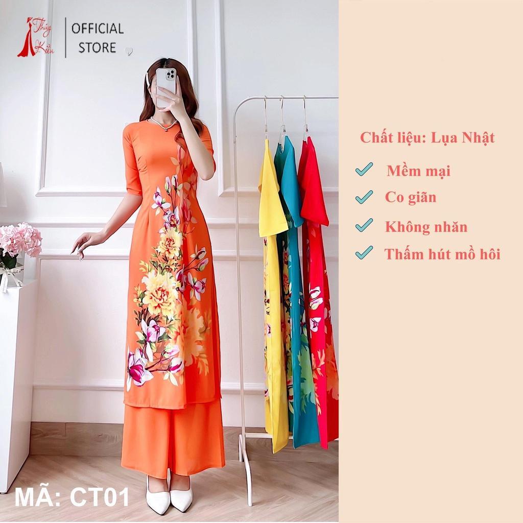 Bộ áo dài cách tân nữ thiết kế lụa Nhật CT01-CAM nền cam hoa mộc lan dự tiệc lễ tết đẹp