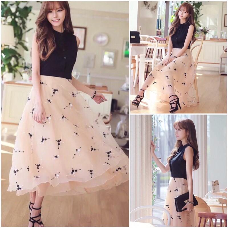 New Đầm sát nách phối voan hoa nổi cao cấp