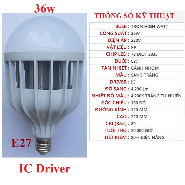 Bóng đèn LED 24w, 36w, 48w, 50w, 60w đui E27, sáng trắng, dạng trụ, 4U hoặc UFO vỏ nhôm vàng