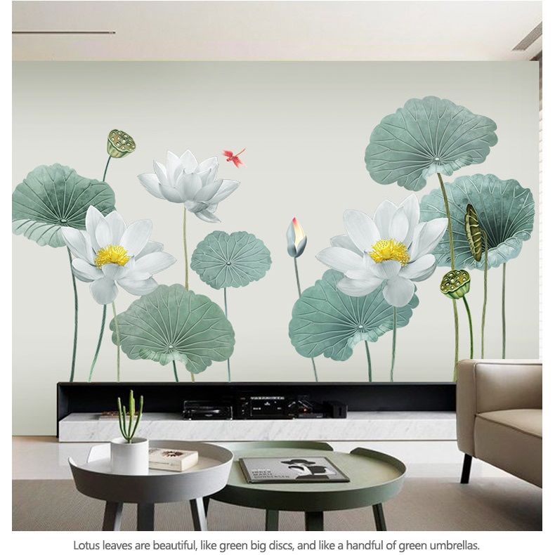 Decal dán tường Hoa sen xanh trang trí phòng khách sang trọng - mẫu số 9 (90 x 180 cm)